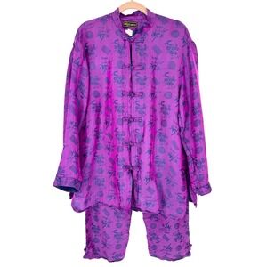 Vintage Bbizarre Asian-Inspired Silk Satin Set Tang Suit Top/Pants Purple L/XL